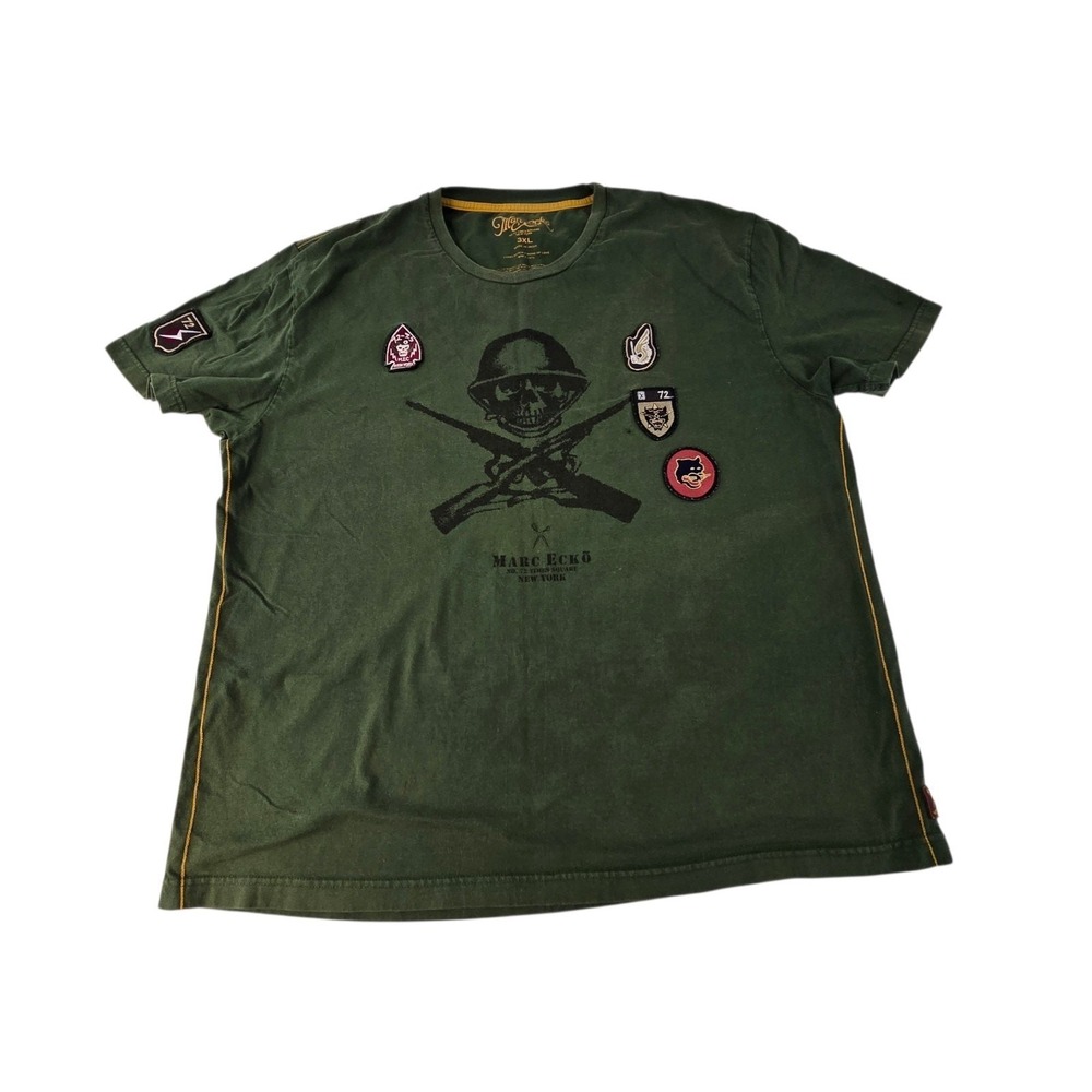 Vintage Marc Ecko Men's 3XL army green Military Style T-shirt skull gun patches